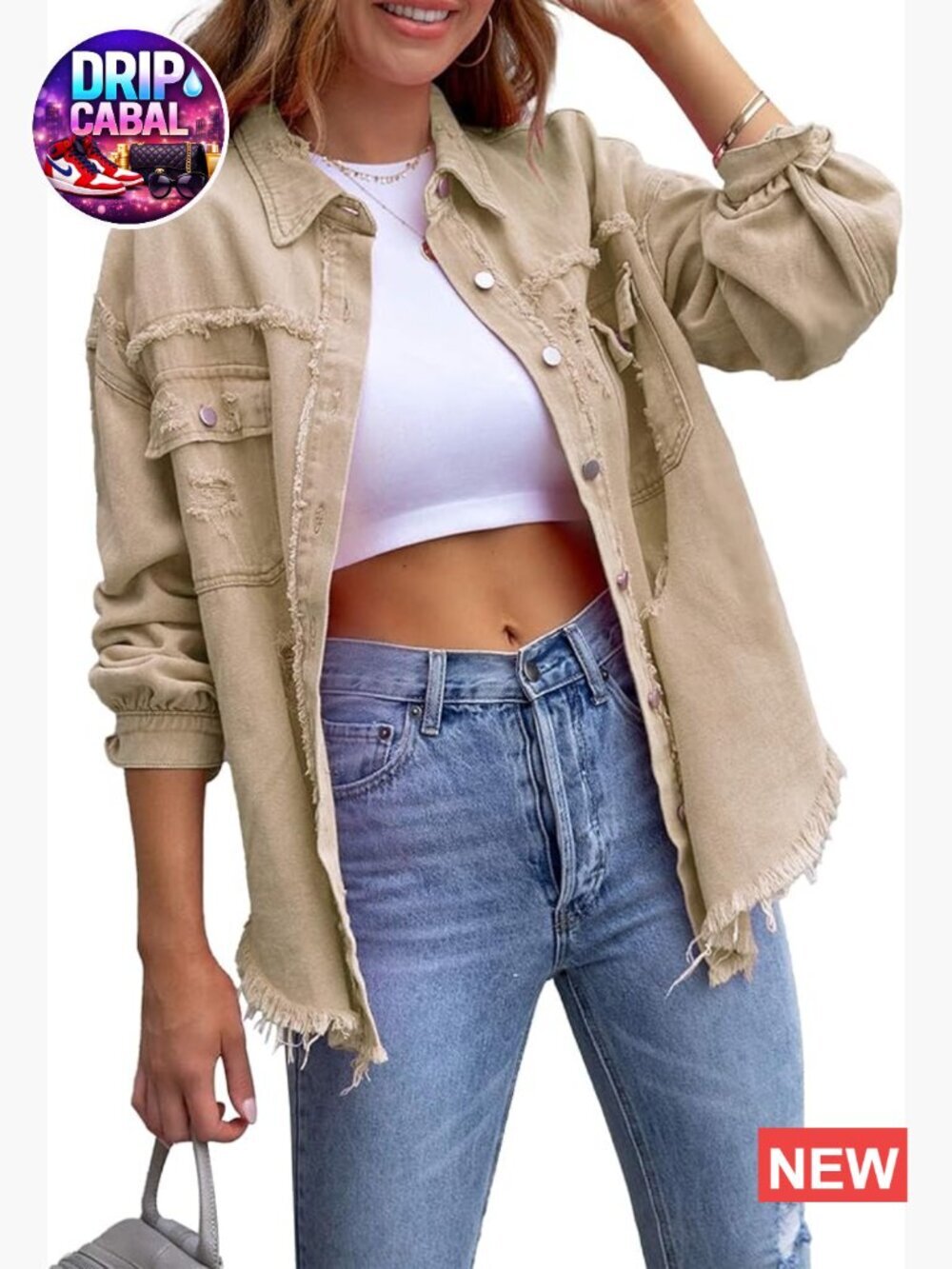 Frayed Hem Ripped Denim Shirt Jacket Button Front Boyfriend Jean Coat Oversized